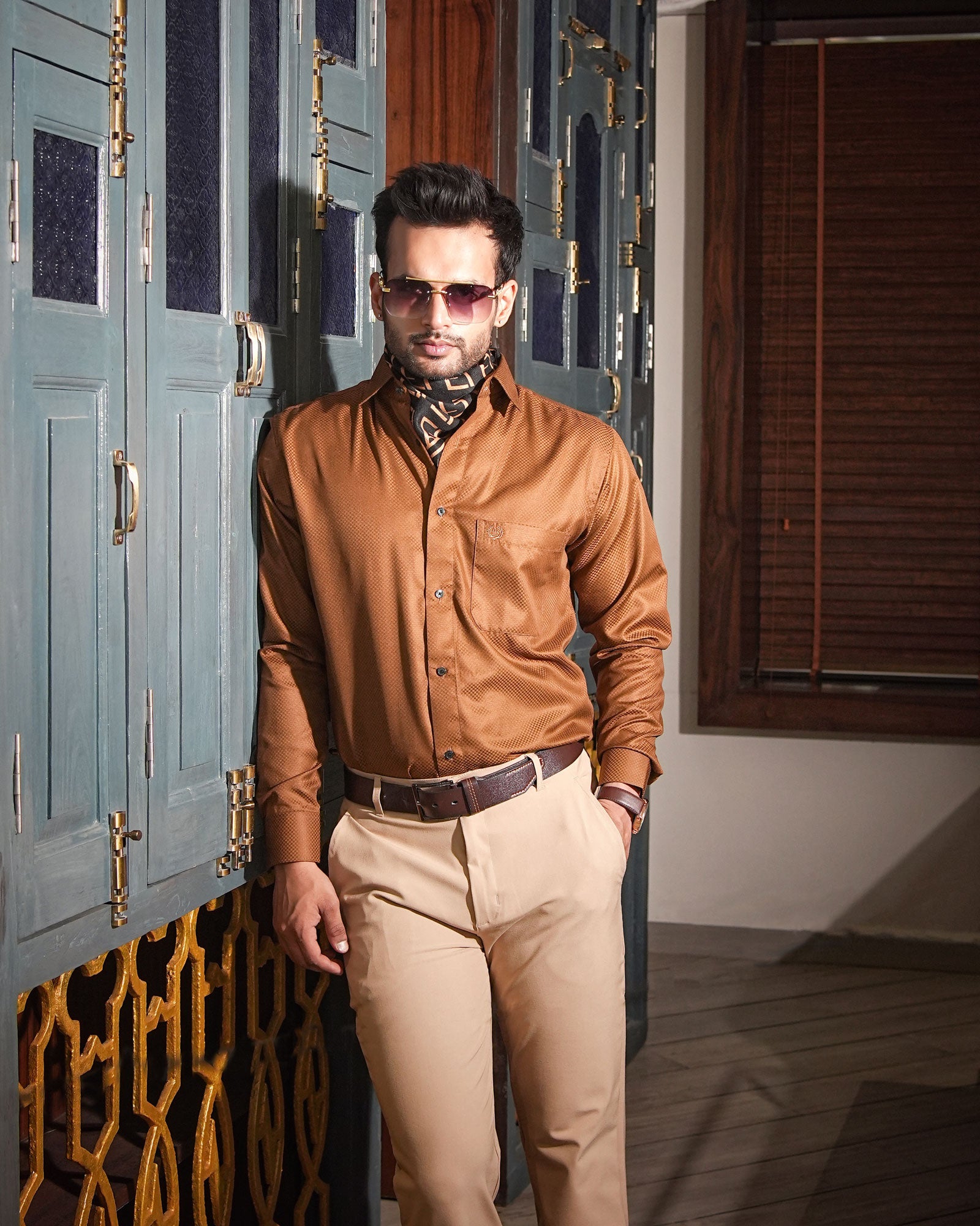 Presto Brown Cotton Dobby Textured Shirt - John Ellies