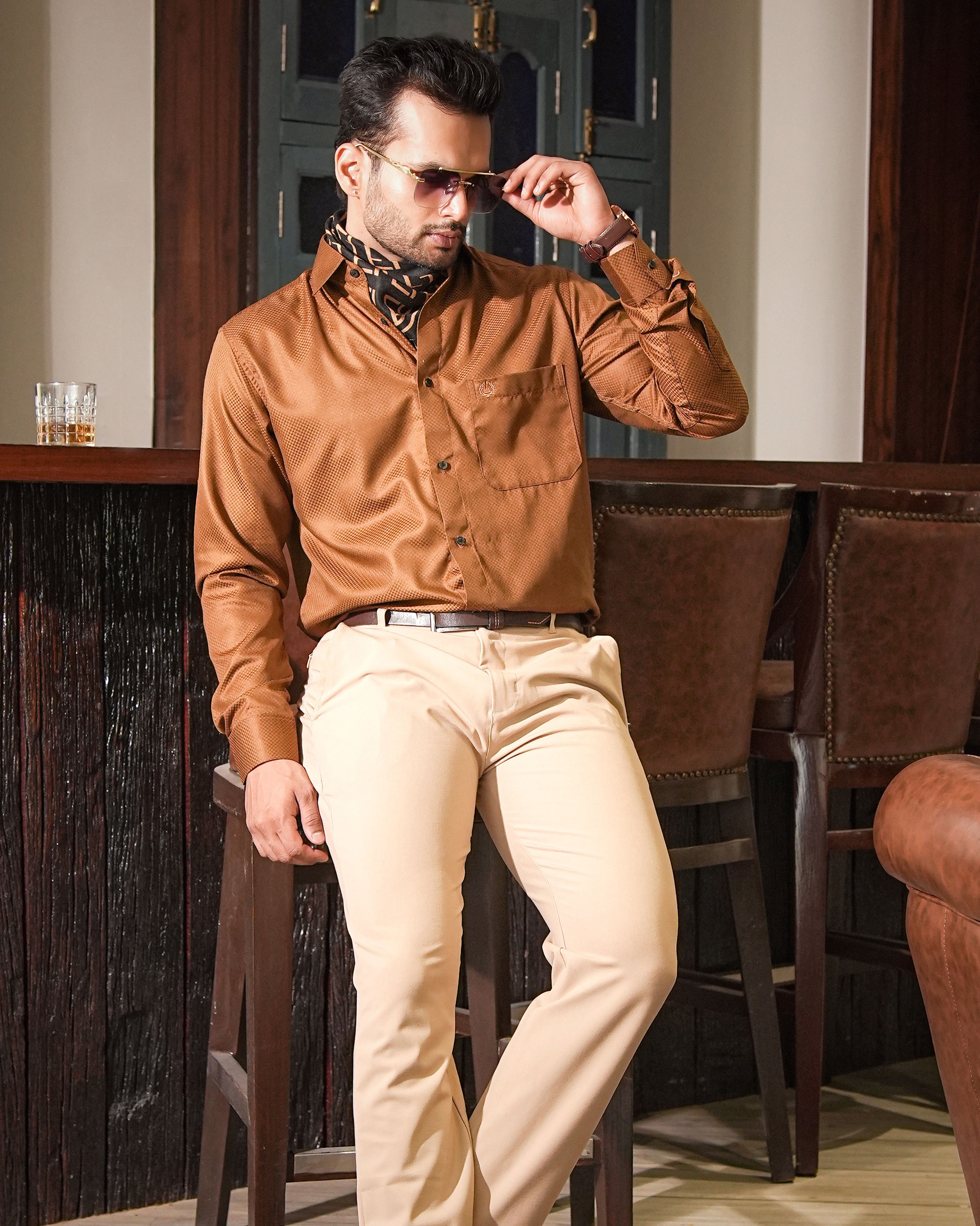 Presto Brown Cotton Dobby Textured Shirt - John Ellies