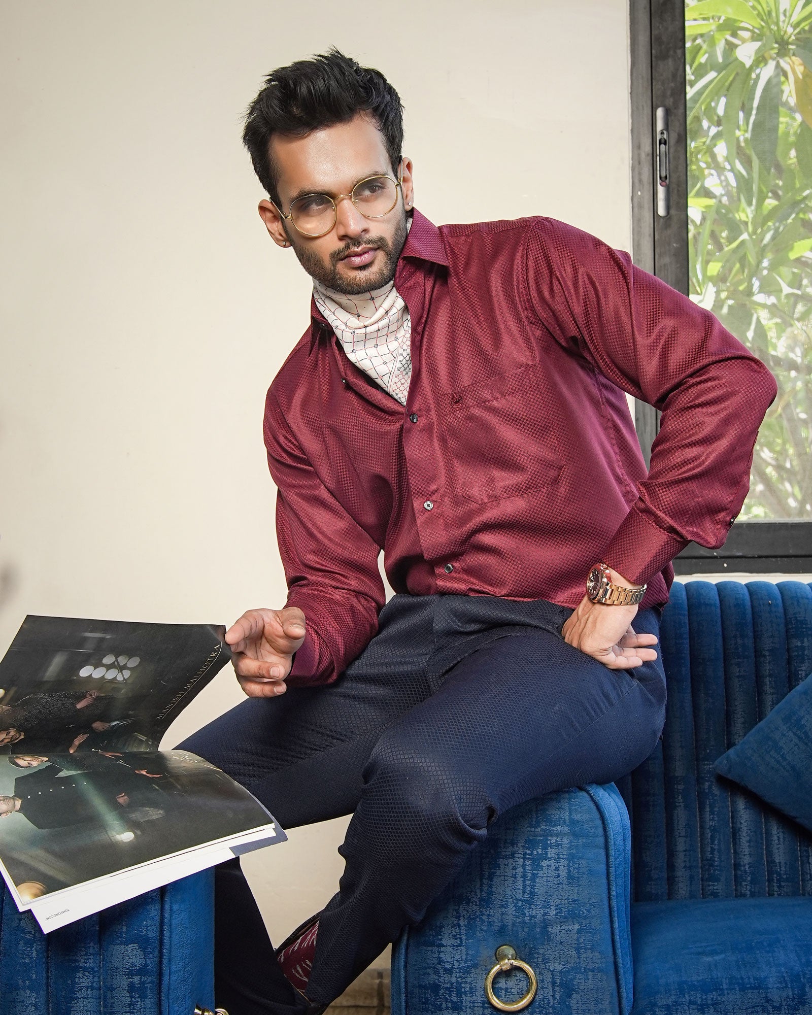 Presto Maroon Cotton Dobby Textured Shirt - John Ellies
