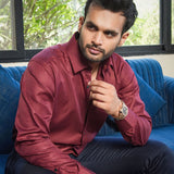Presto Maroon Cotton Dobby Textured Shirt - John Ellies