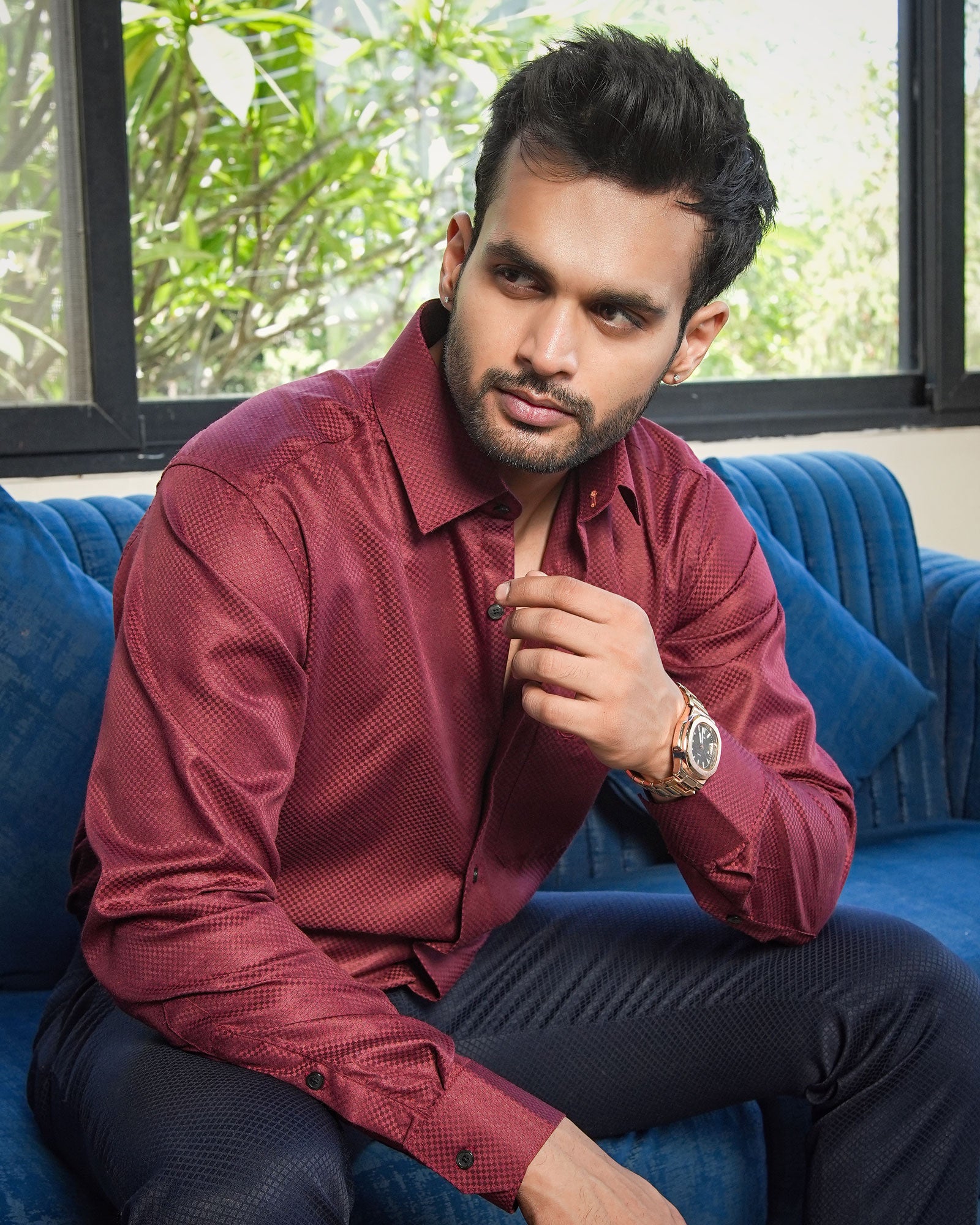 Presto Maroon Cotton Dobby Textured Shirt - John Ellies