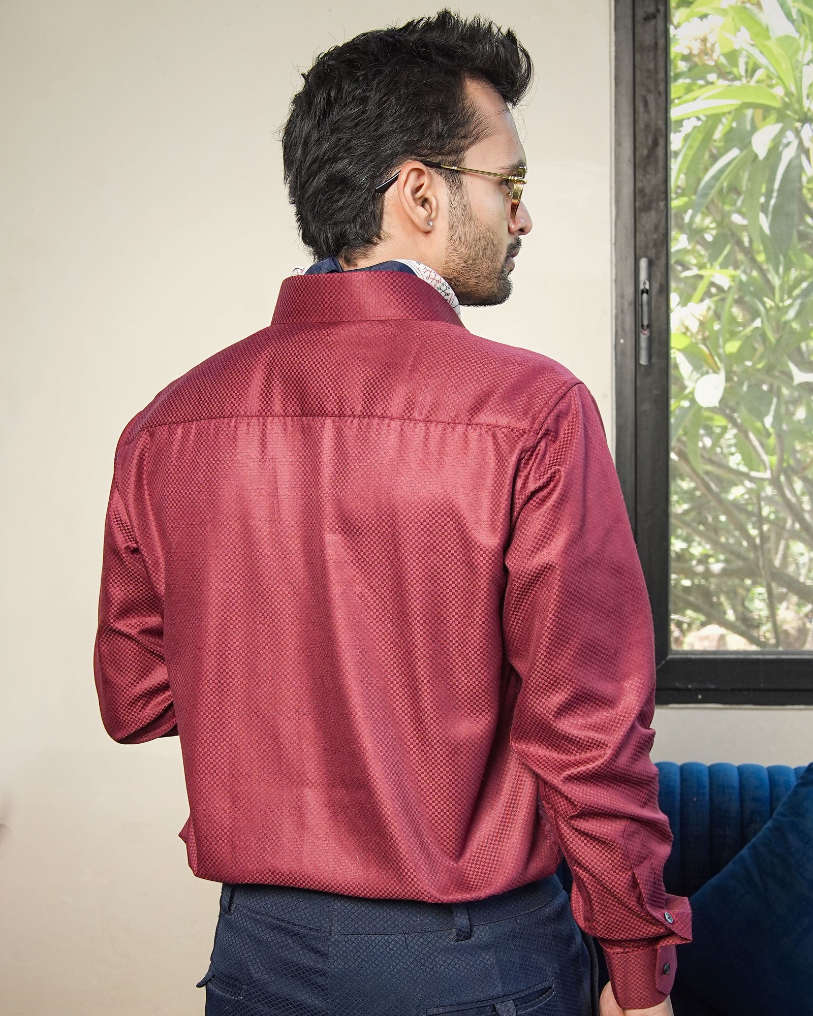 Presto Maroon Cotton Dobby Textured Shirt - John Ellies