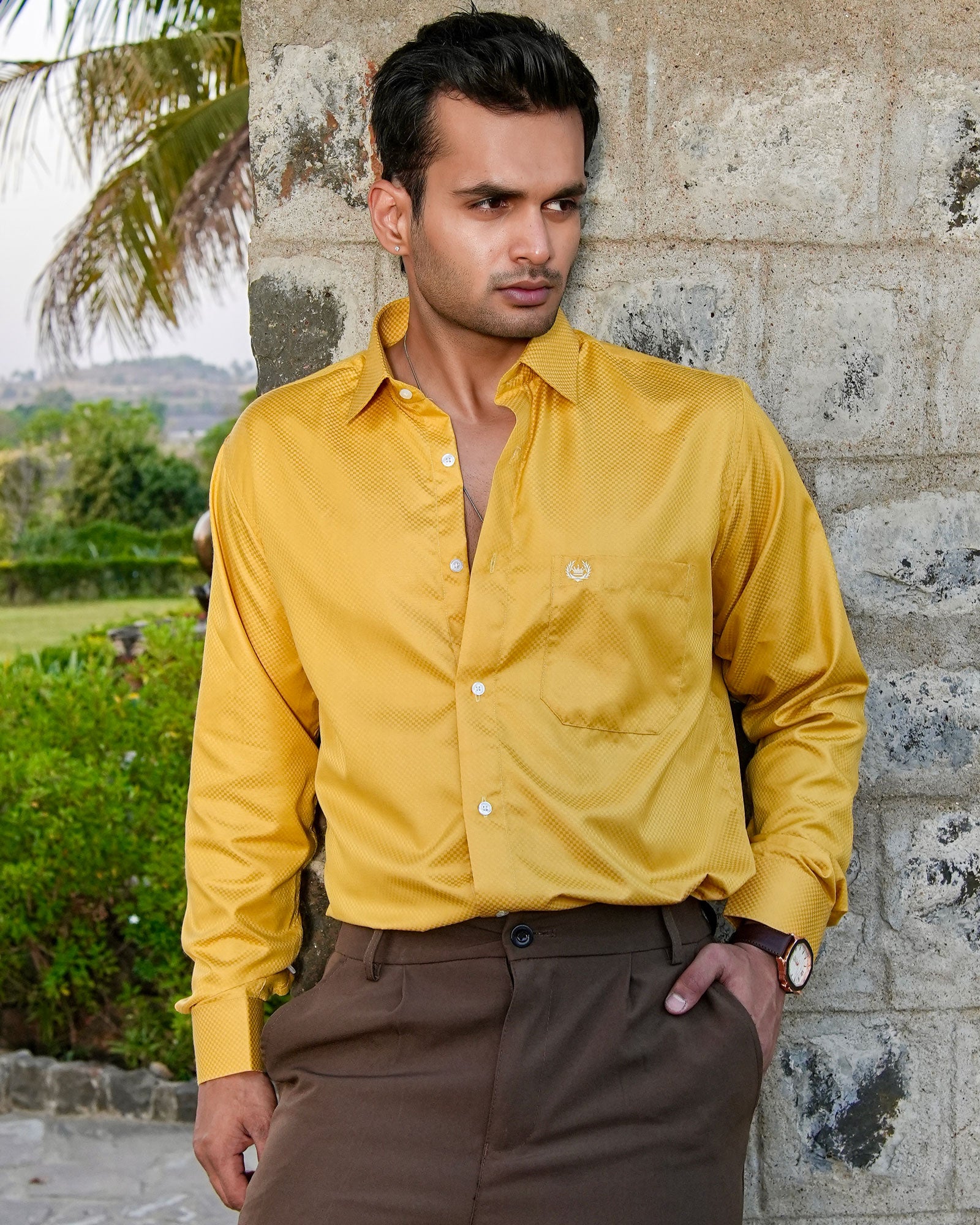Presto Yellow Cotton Dobby Textured Shirt - John Ellies