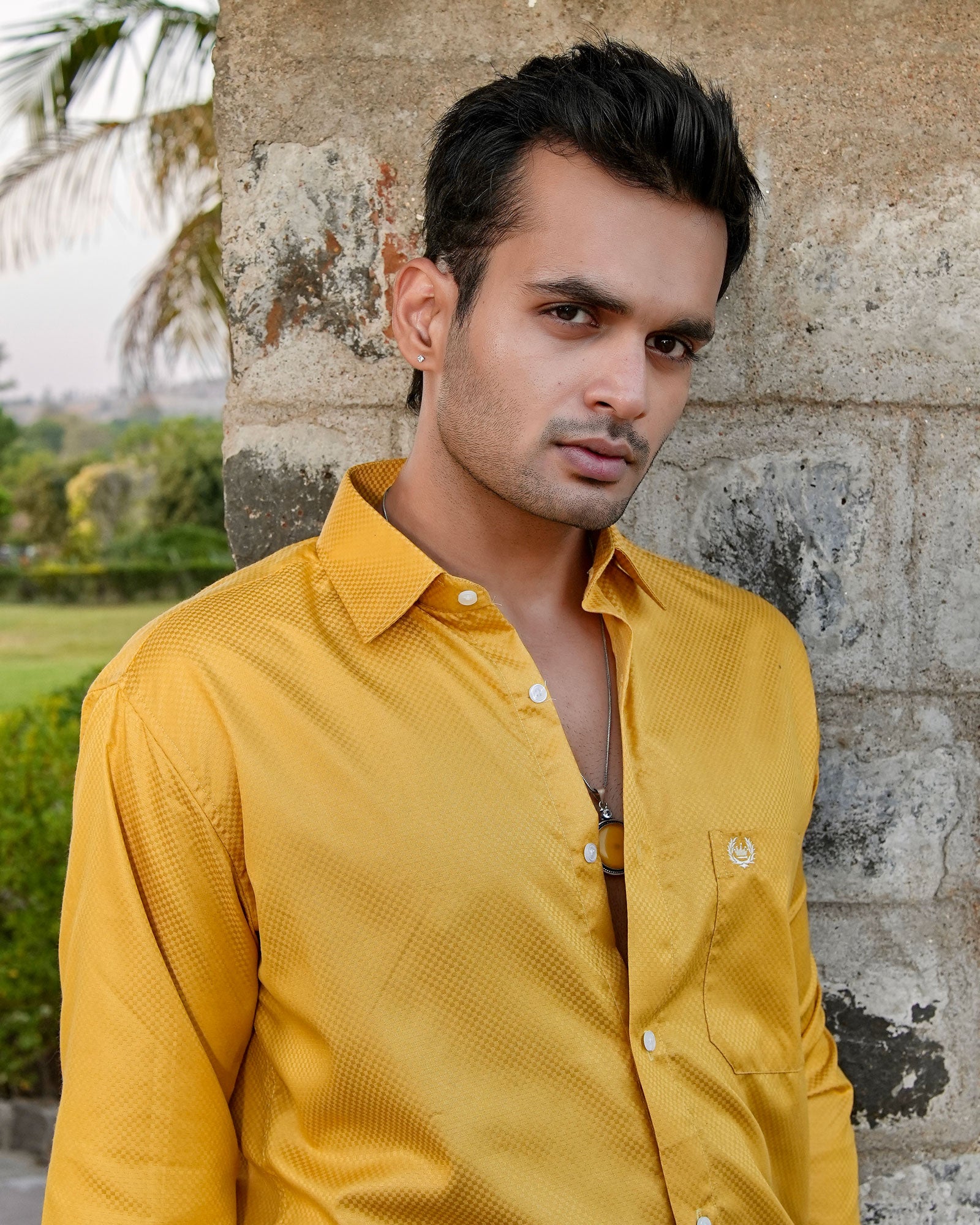 Presto Yellow Cotton Dobby Textured Shirt - John Ellies