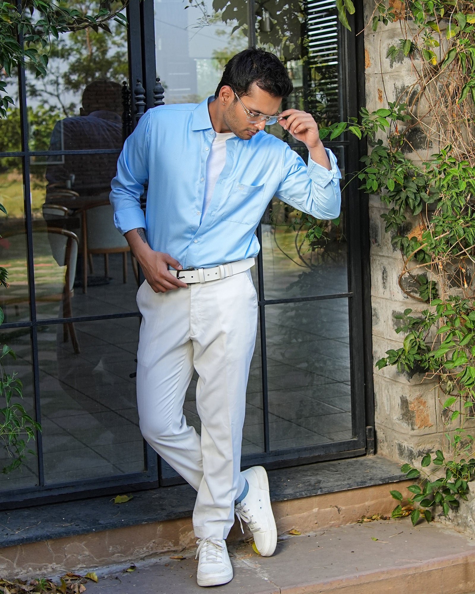 Presto Sky Blue Cotton Dobby Textured Shirt - John Ellies