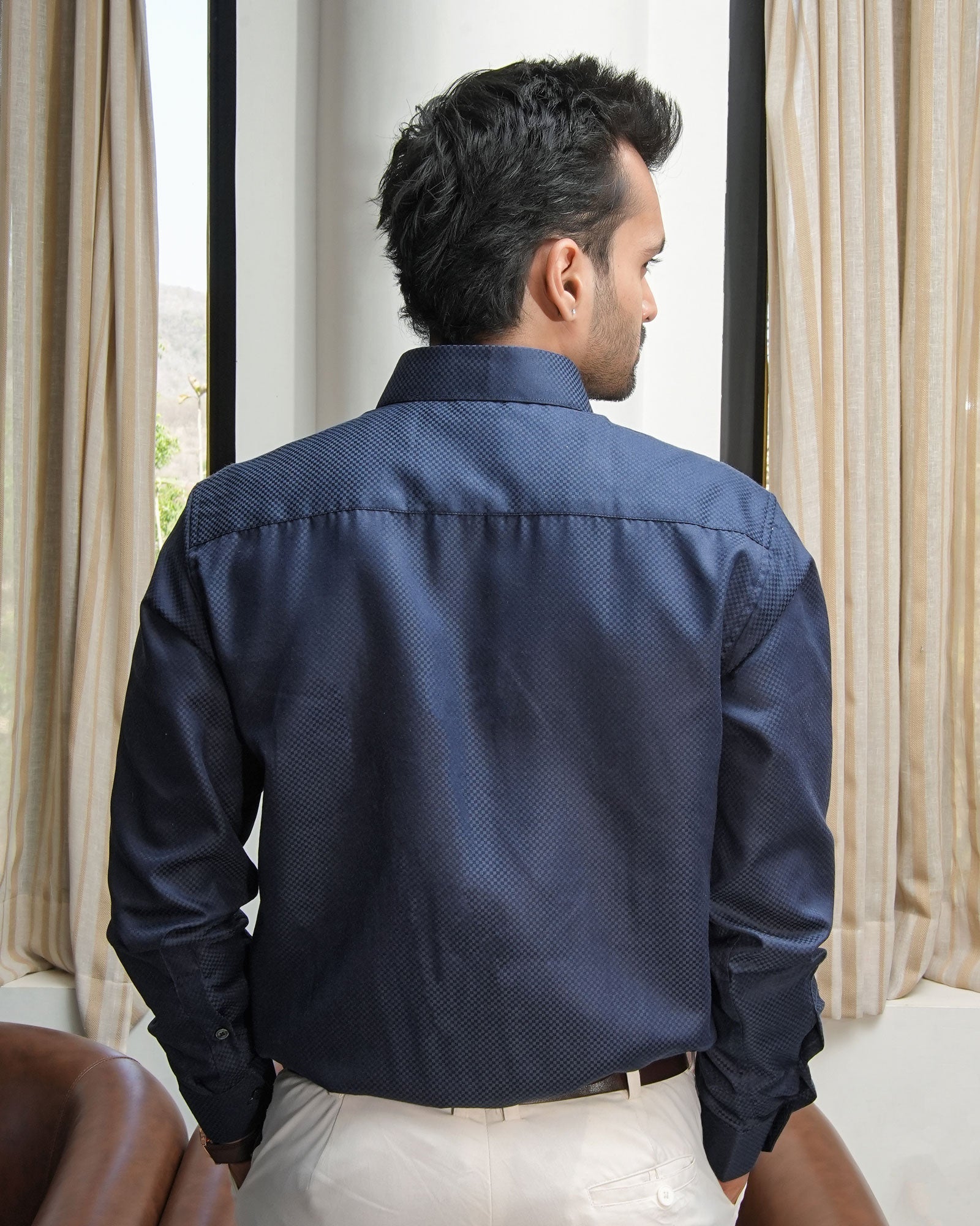 Presto Navy Blue Cotton Dobby Textured Shirt - John Ellies