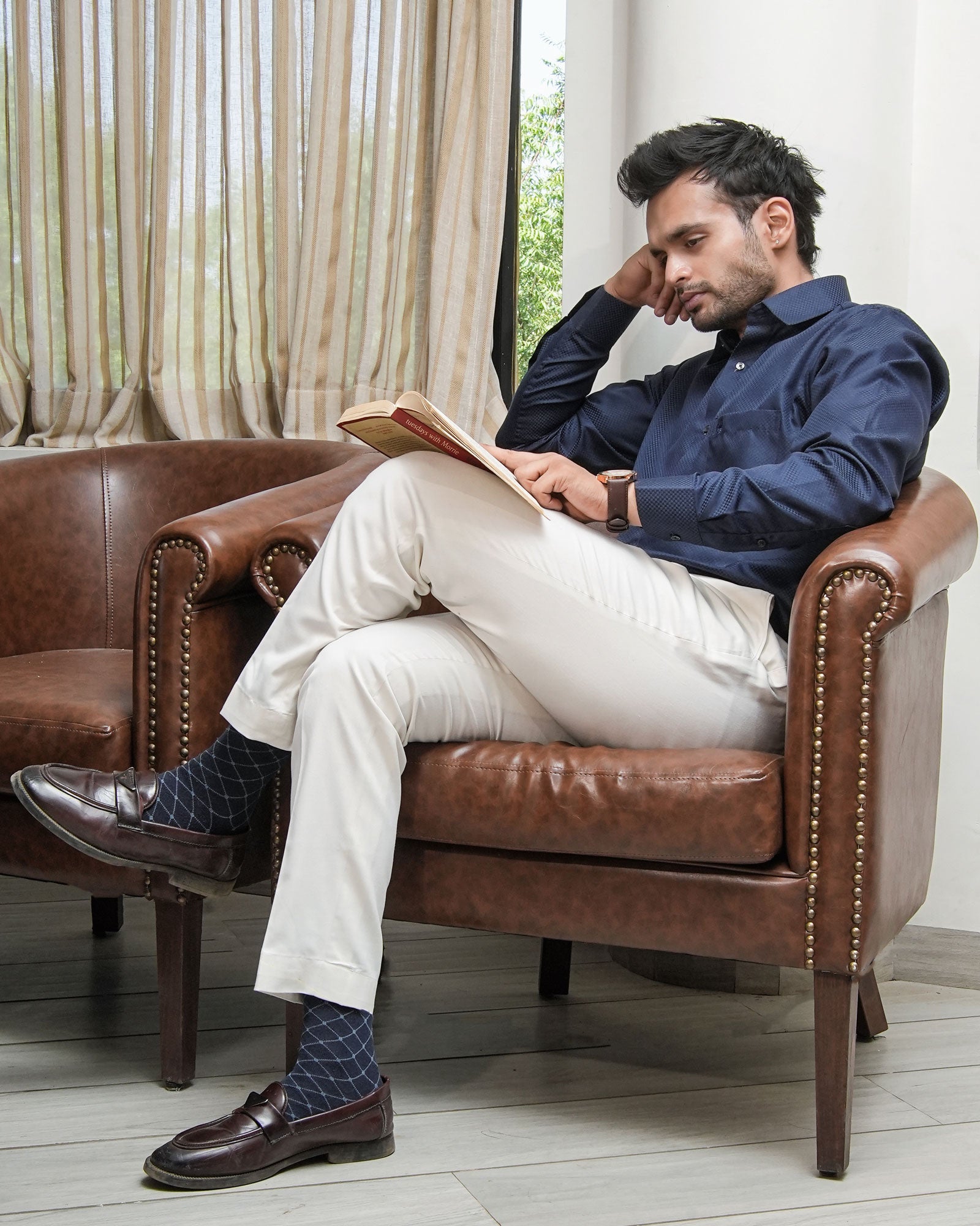 Presto Navy Blue Cotton Dobby Textured Shirt - John Ellies