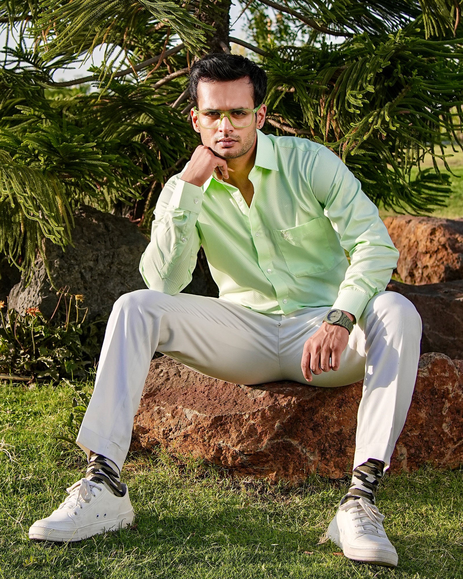 Presto Lime Cotton Dobby Textured Shirt - John Ellies