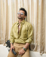 Presto Olive Cotton Dobby Textured Shirt
