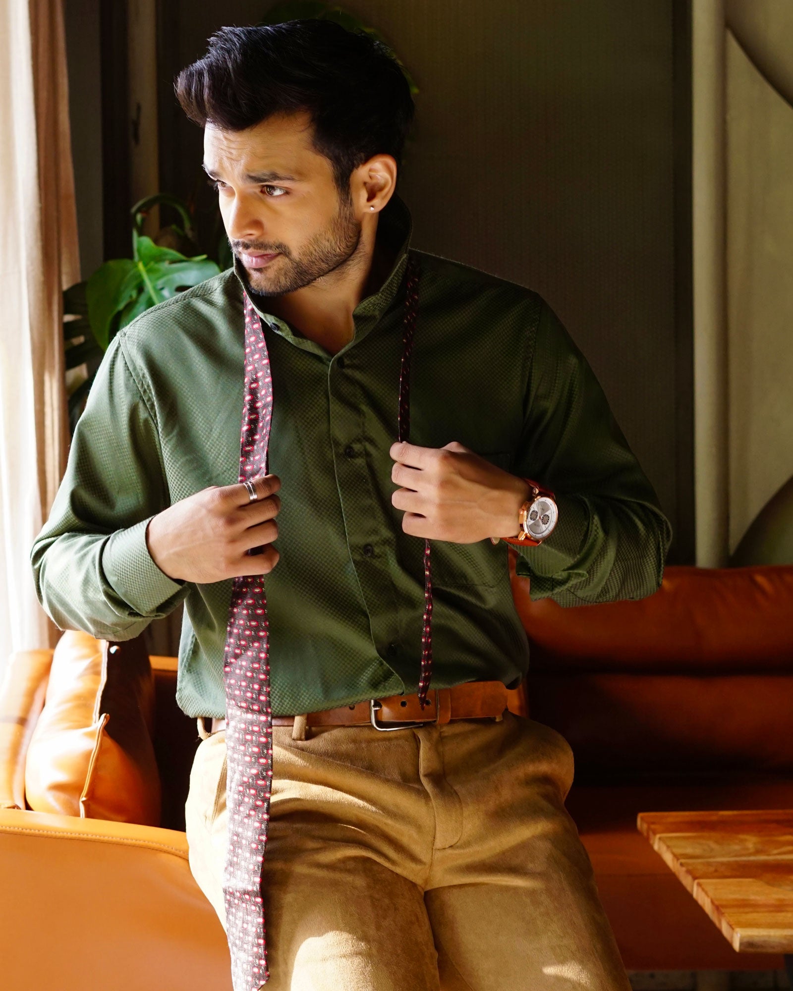 Presto Green Cotton Dobby Textured Shirt - John Ellies