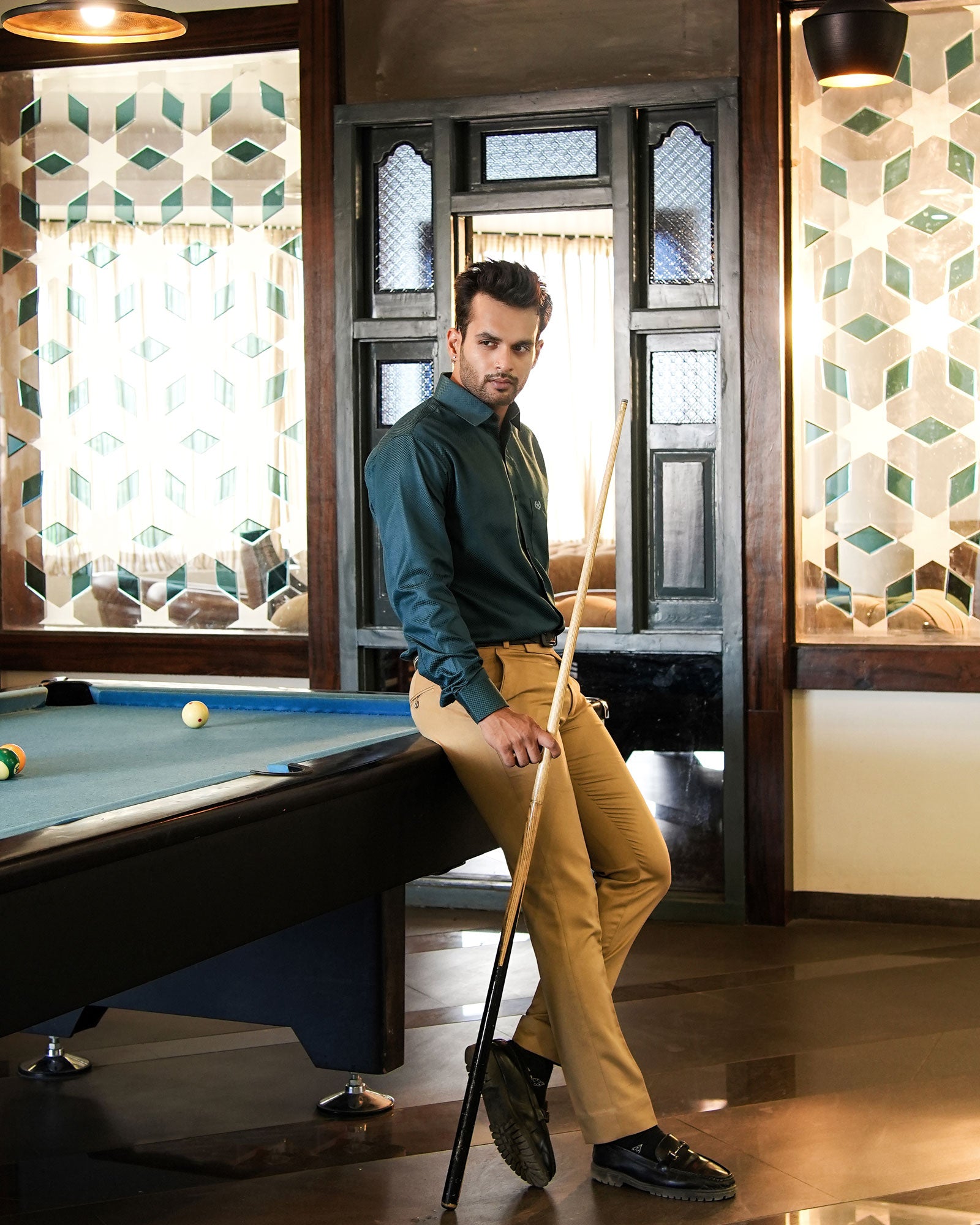 Presto Teal Cotton Dobby Textured Shirt - John Ellies