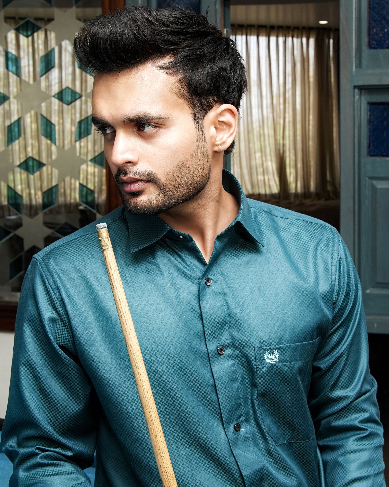 Presto Teal Cotton Dobby Textured Shirt - John Ellies