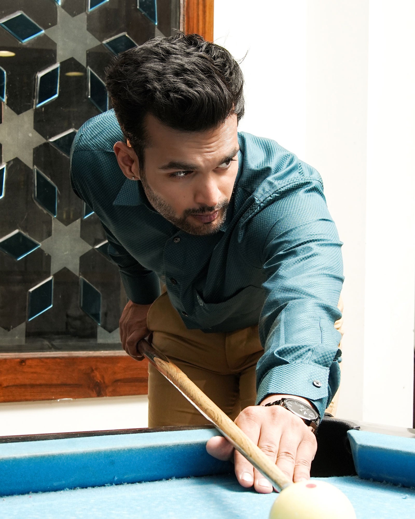Presto Teal Cotton Dobby Textured Shirt - John Ellies