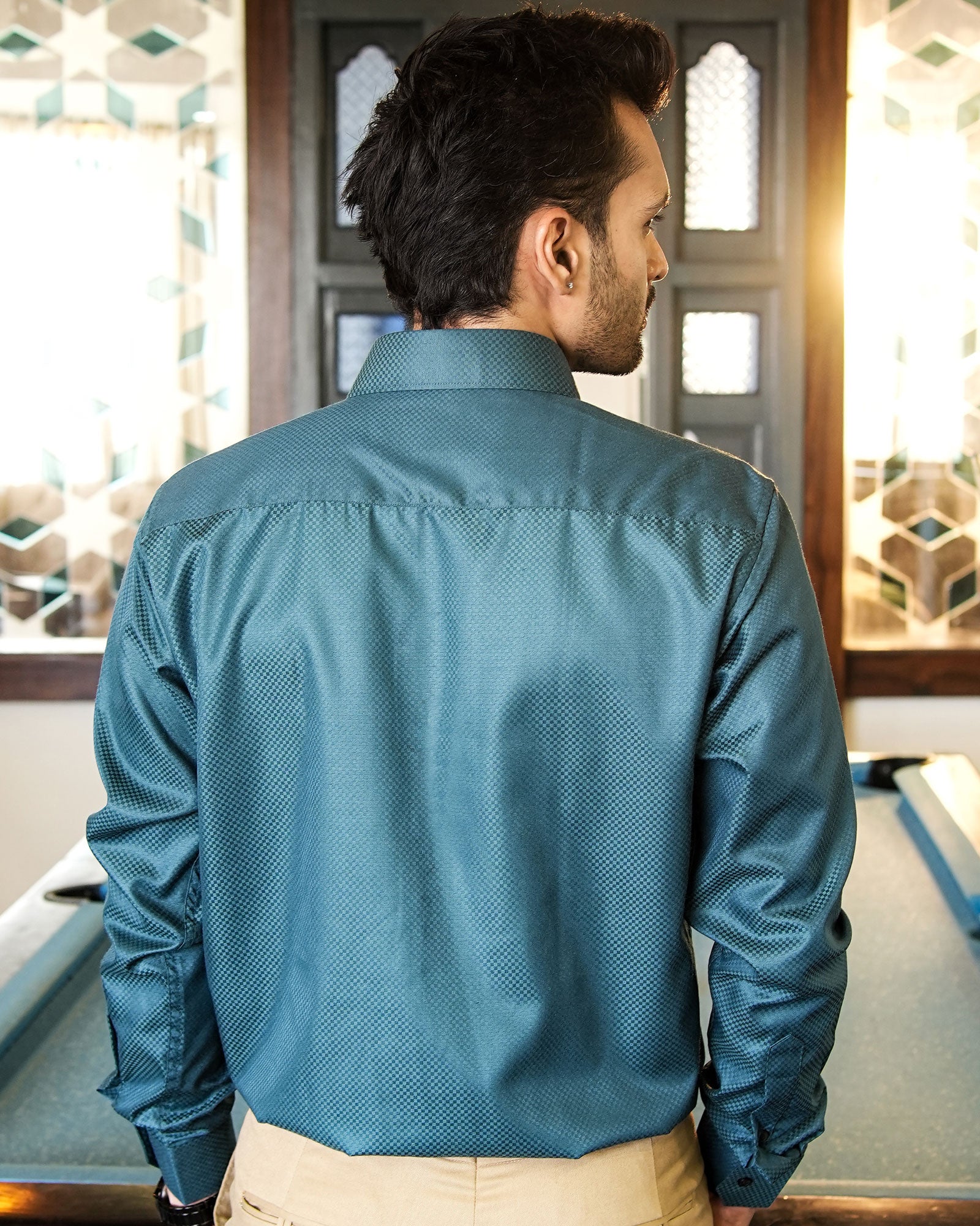 Presto Teal Cotton Dobby Textured Shirt - John Ellies