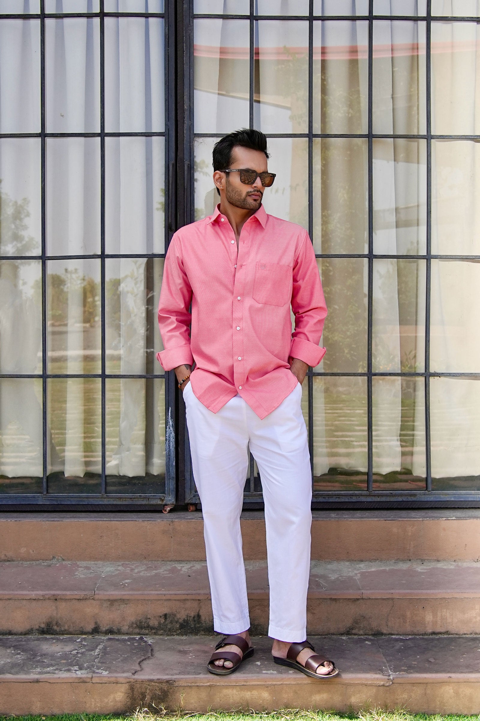 Enzon Red Plain Oxford Cotton Shirt - John Ellies