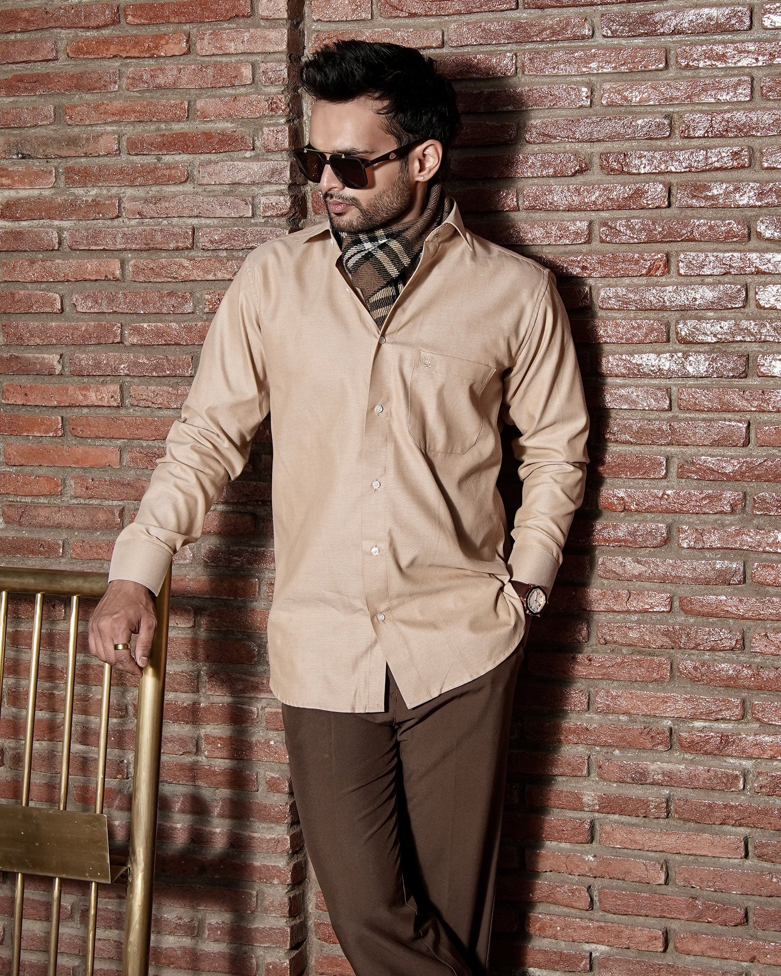 Enzon Beige Plain Oxford Cotton Shirt - John Ellies
