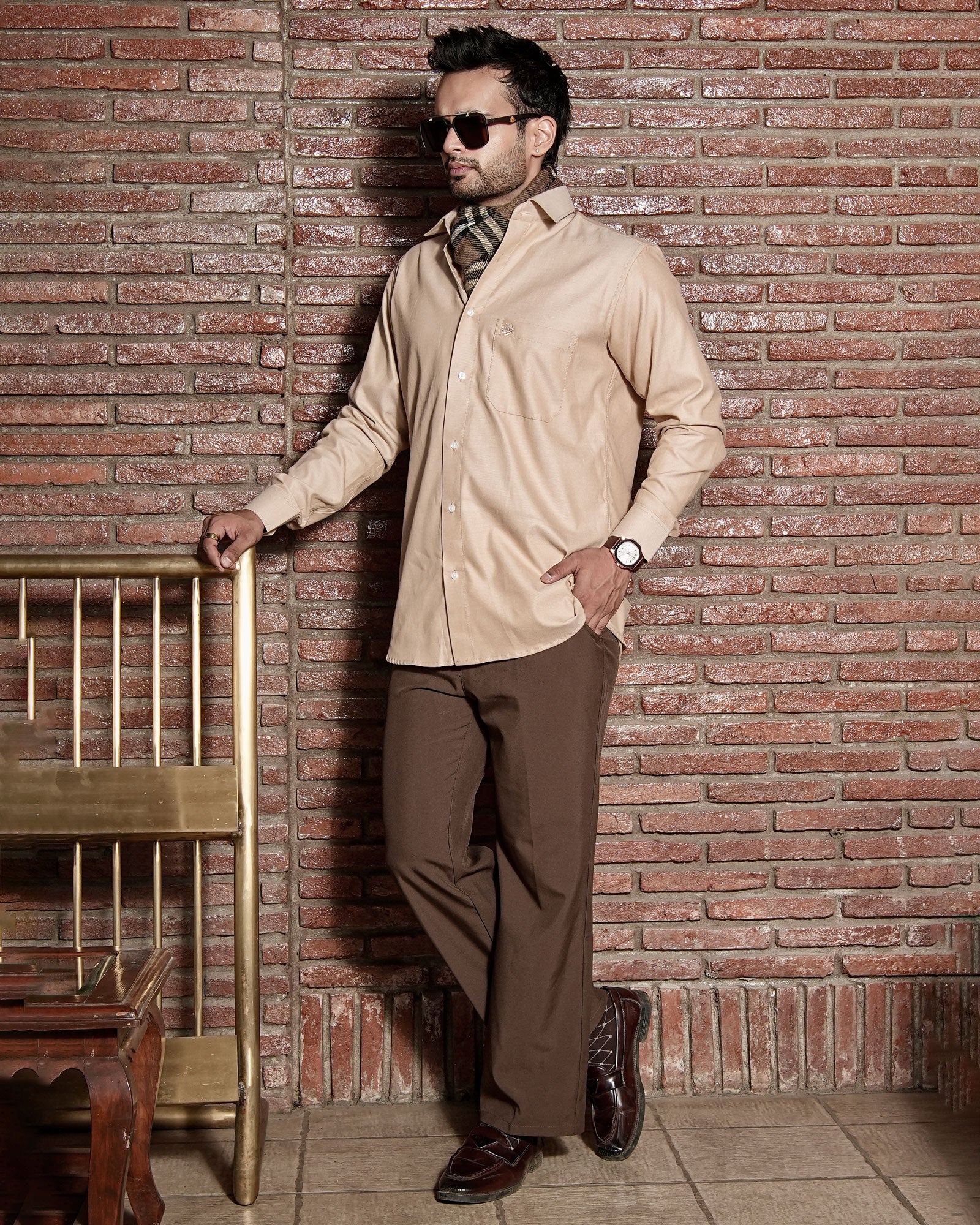Enzon Beige Plain Oxford Cotton Shirt - John Ellies