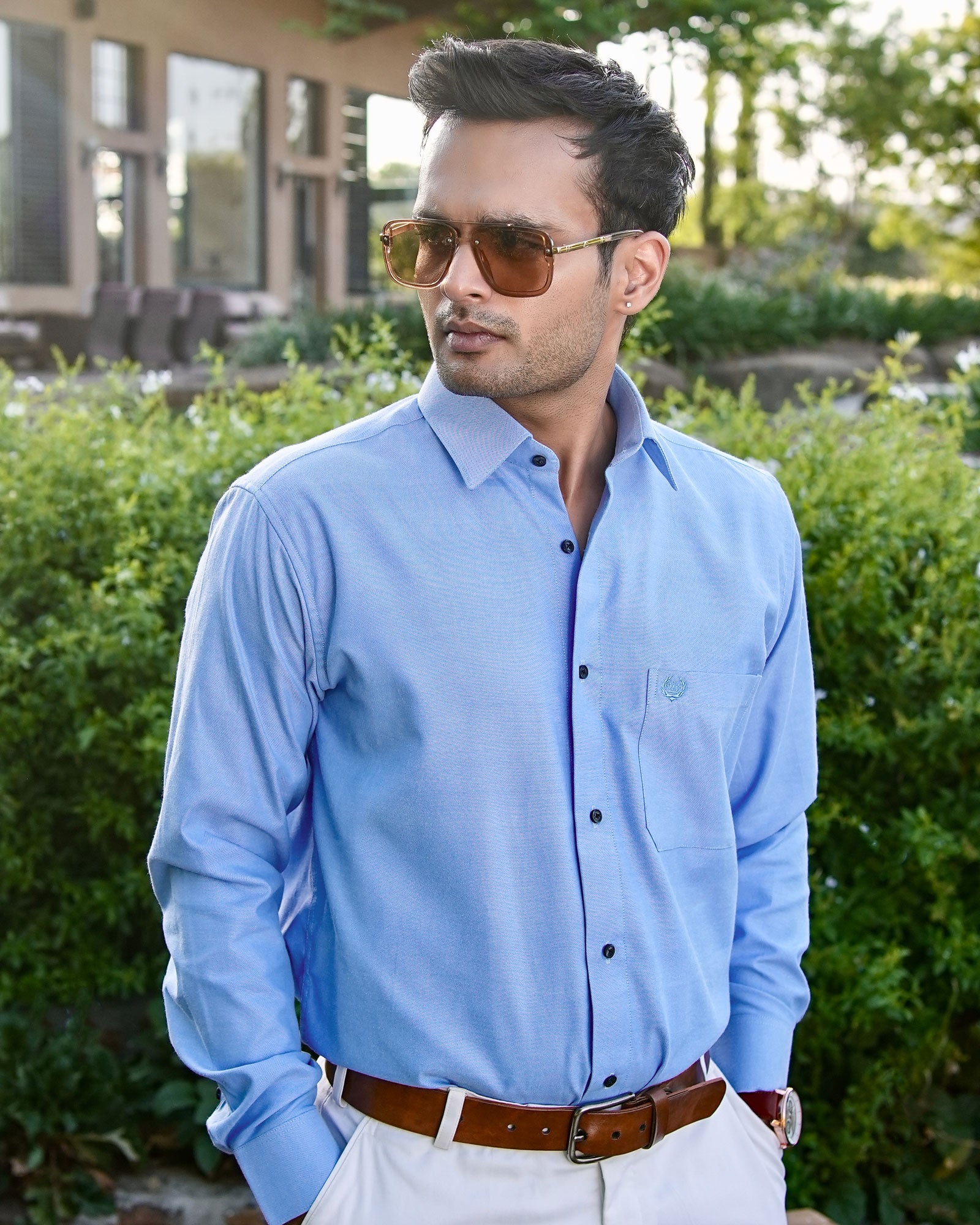 Enzon Blue Plain Oxford Cotton Shirt - John Ellies