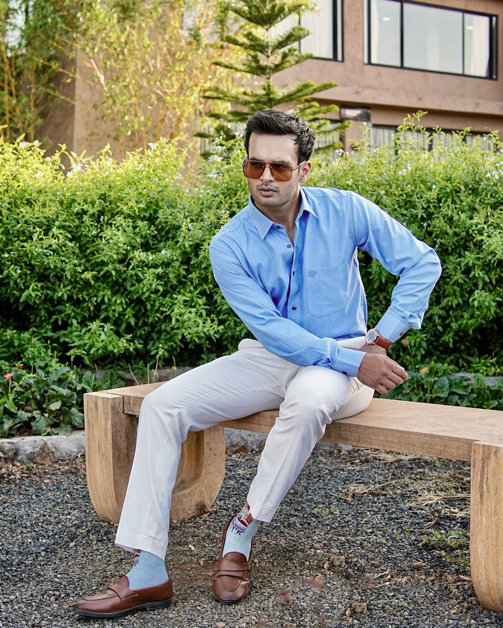Enzon Blue Plain Oxford Cotton Shirt - John Ellies