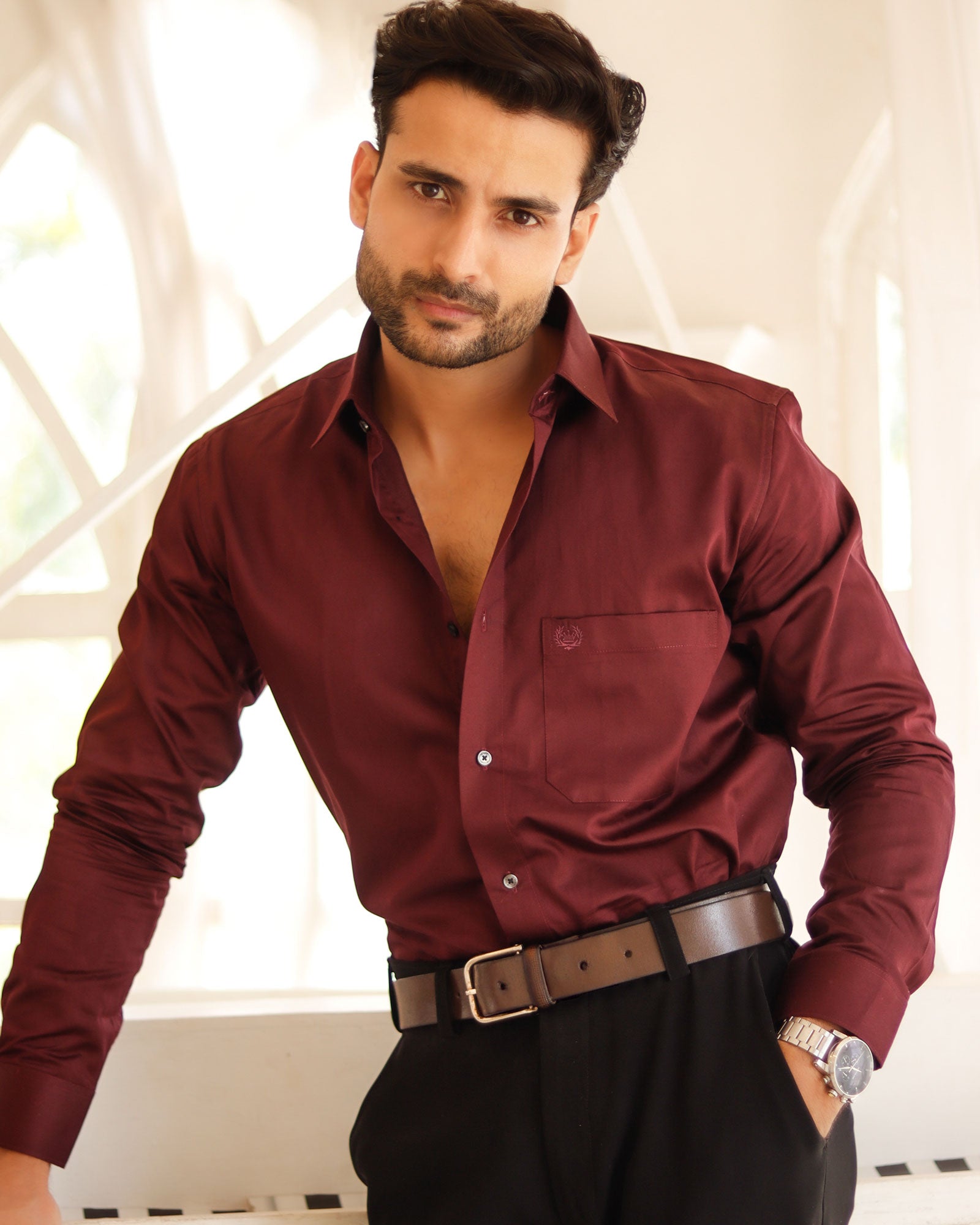Dion Maroon Plain Cotton Shirt - John Ellies