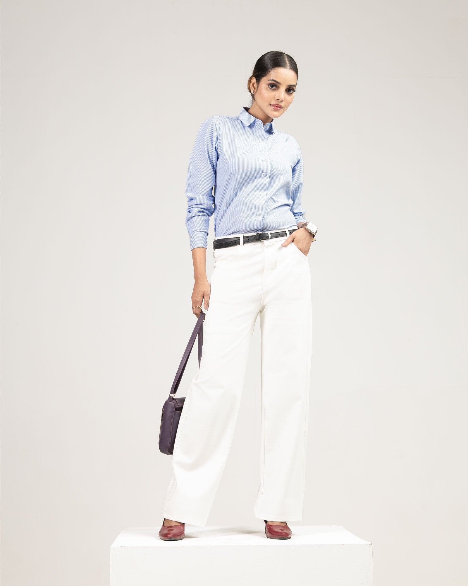 Strata Blue Stripes Oxford Cotton Women Shirt - John Ellies