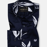 Iearus Navy Blue Leaf Cotton Printed Shirt