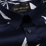 Iearus Navy Blue Leaf Cotton Printed Shirt
