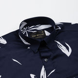 Iearus Navy Blue Leaf Cotton Printed Shirt