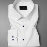 Bright White With Navy Button Premium Giza Cotton Shirt