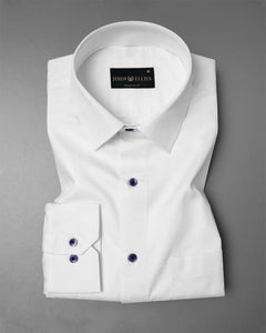 Bright White With Navy Button Premium Giza Cotton Shirt