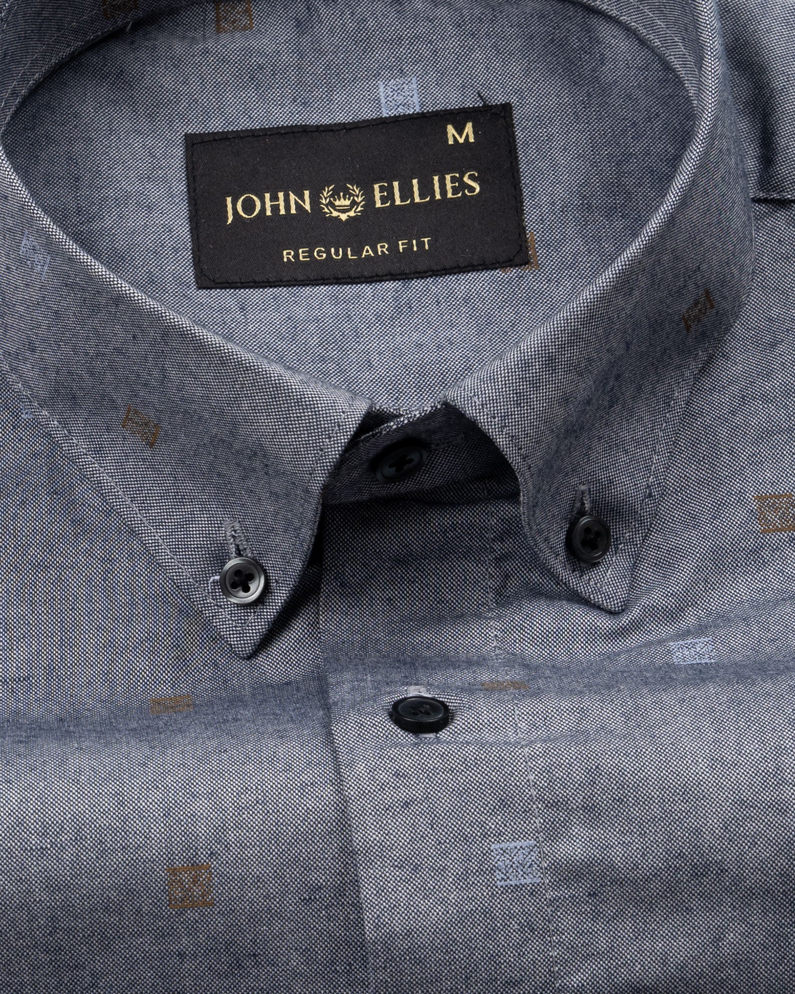Eslen Navy Blue Oxford Cotton Printed Button Down Shirt - John Ellies