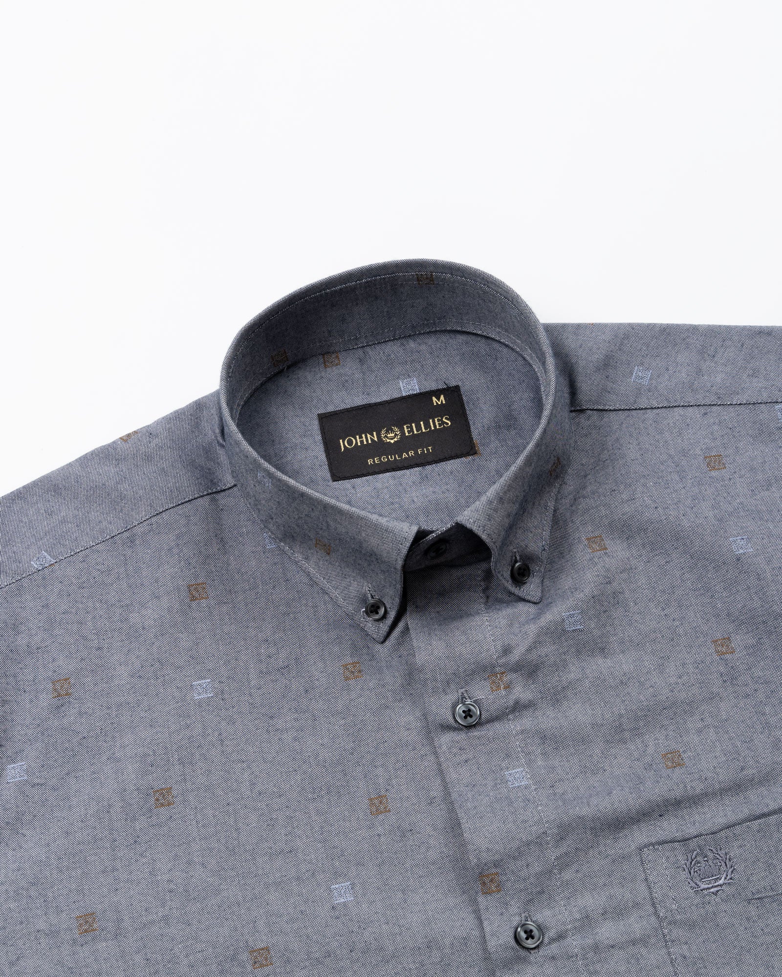 Eslen Navy Blue Oxford Cotton Printed Button Down Shirt - John Ellies