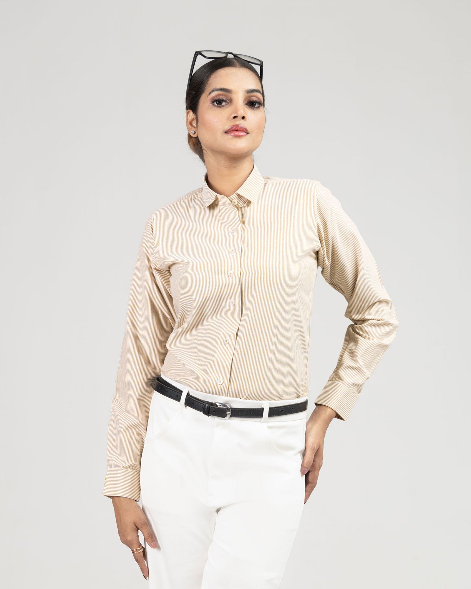Strata Gold Stripes Oxford Cotton Women Shirt - John Ellies