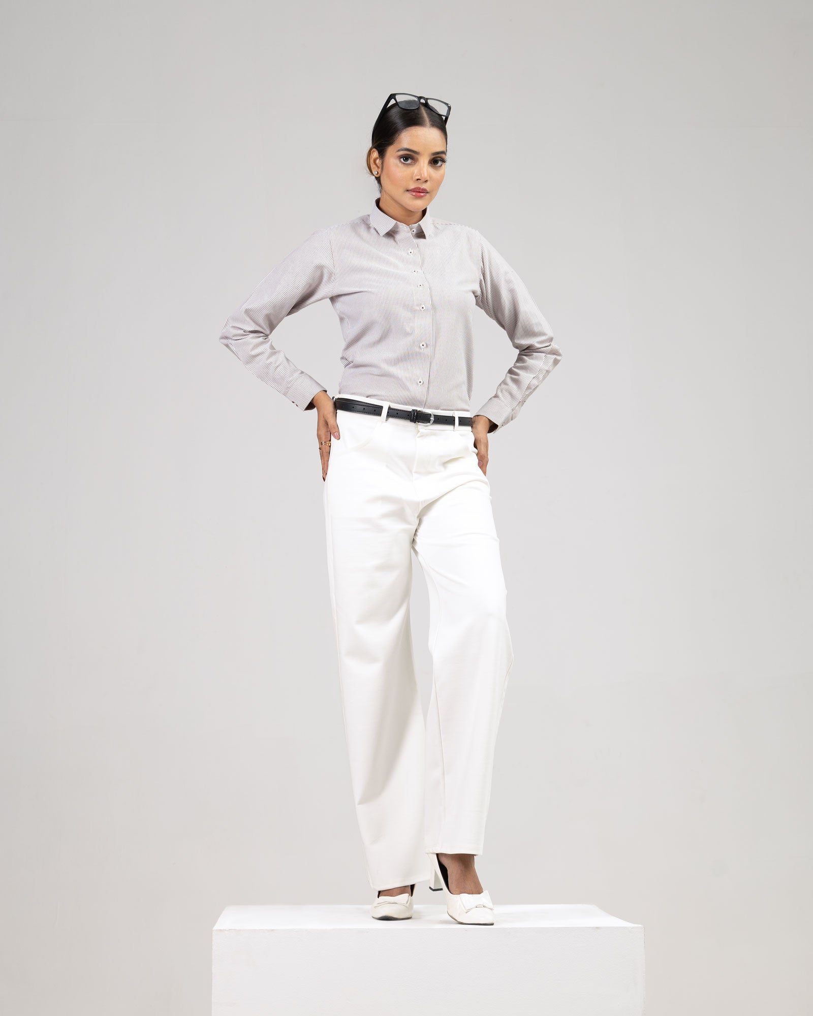 Strata Brown Stripes Oxford Cotton Women Shirt - John Ellies