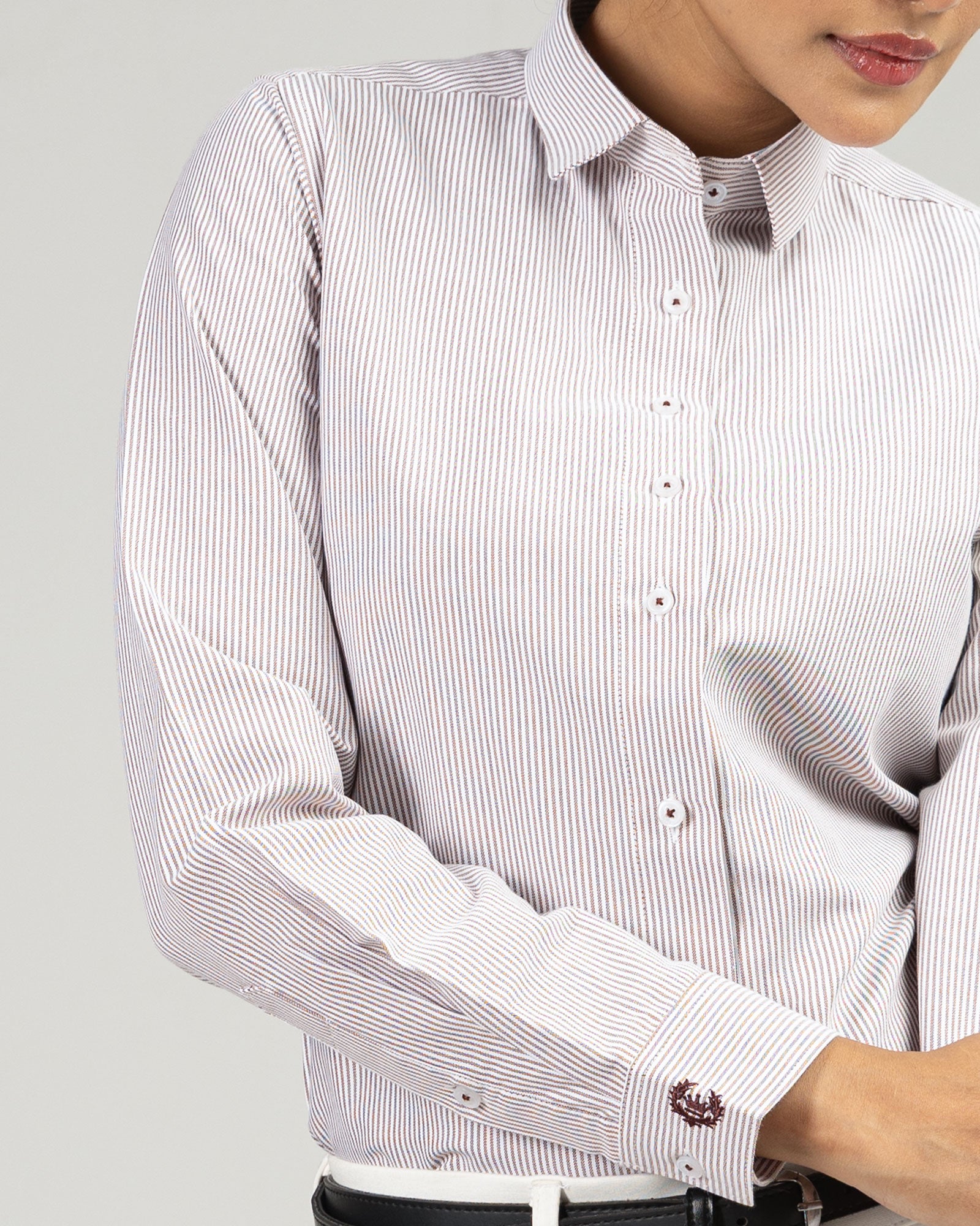 Strata Brown Stripes Oxford Cotton Women Shirt - John Ellies