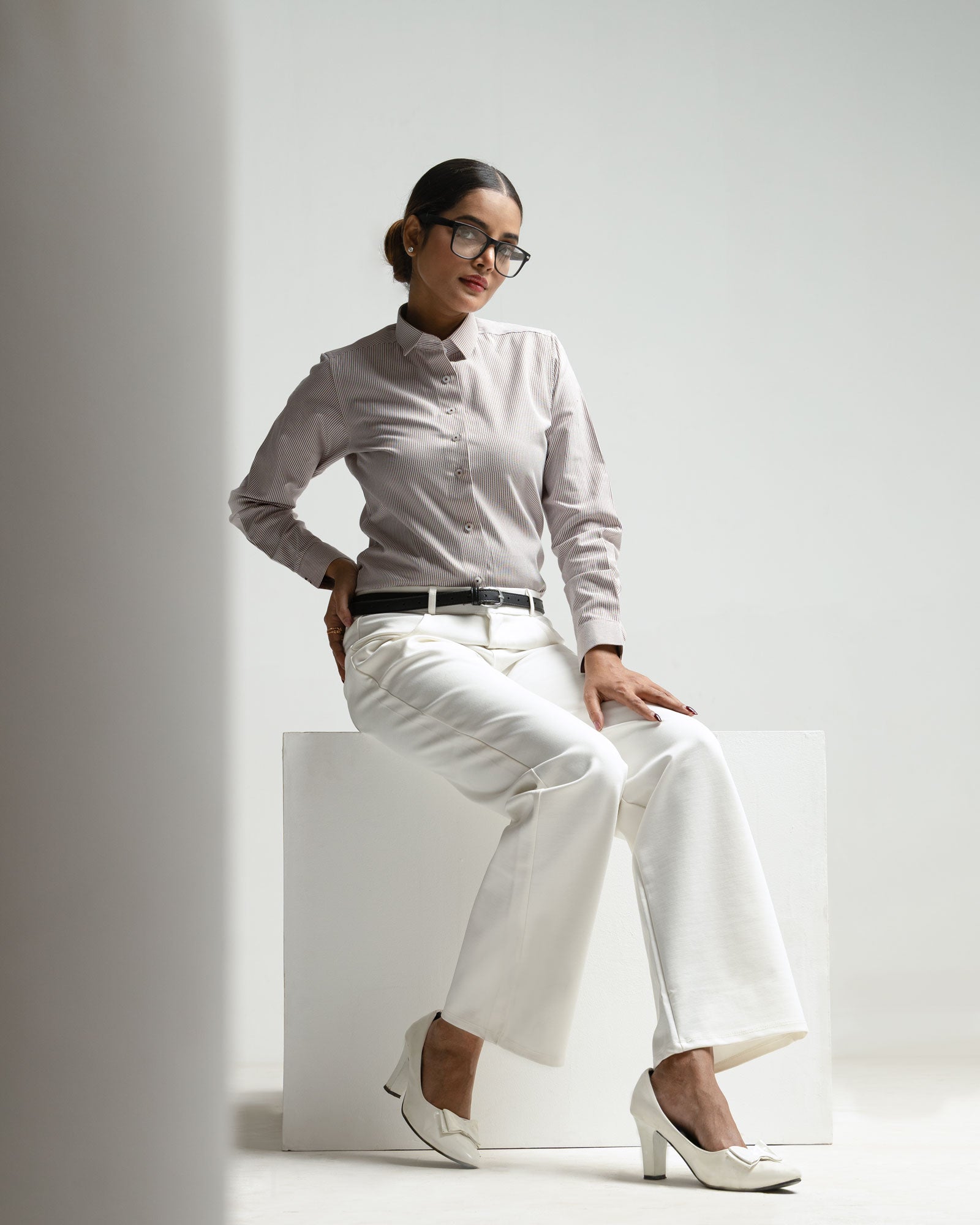 Strata Brown Stripes Oxford Cotton Women Shirt - John Ellies