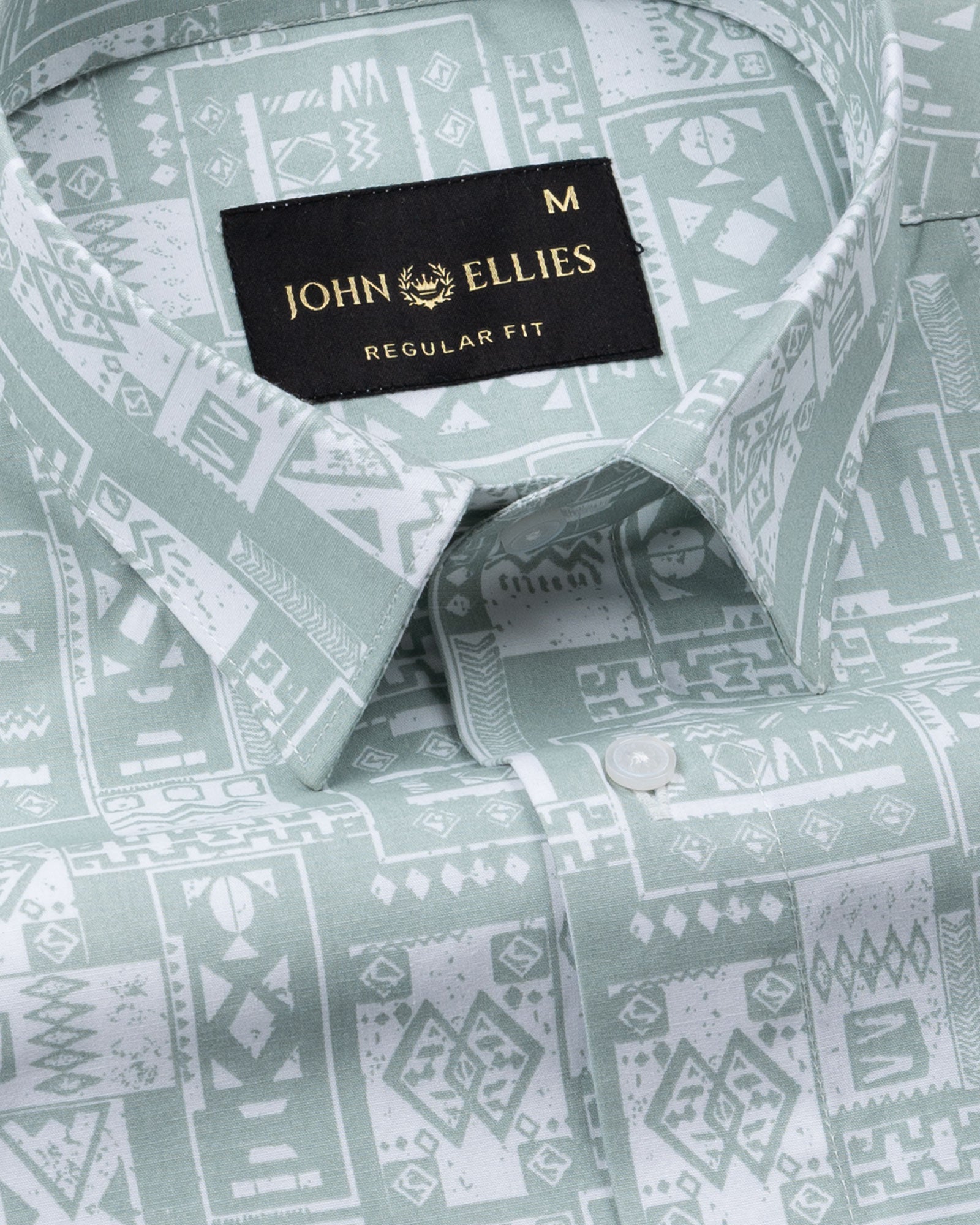 Gazan Olive Cotton Geometric Printed Shirt - John Ellies
