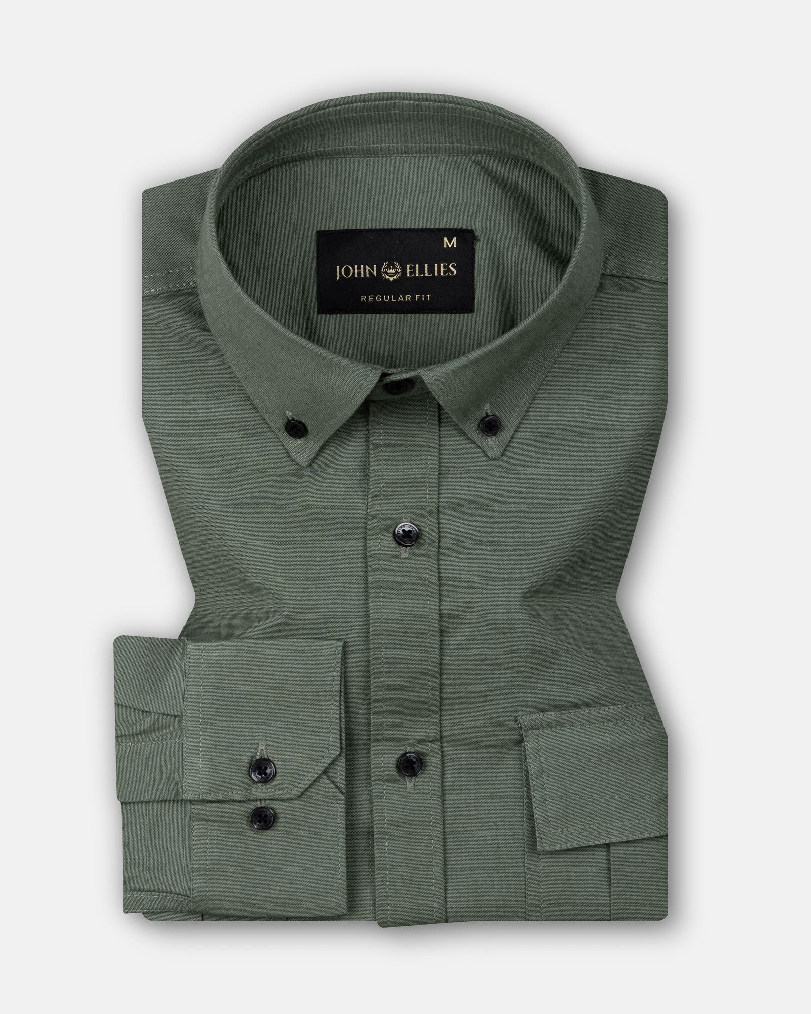Xenors Olive Plain Double Pocket Cotton Shirt - John Ellies