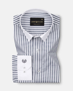 Cadenc Grey White Cuff Collar Cotton Stripes Shirt - John Ellies