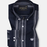 Mocha Navy Blue Stripe Button Down Oxford Cotton Shirt - John Ellies