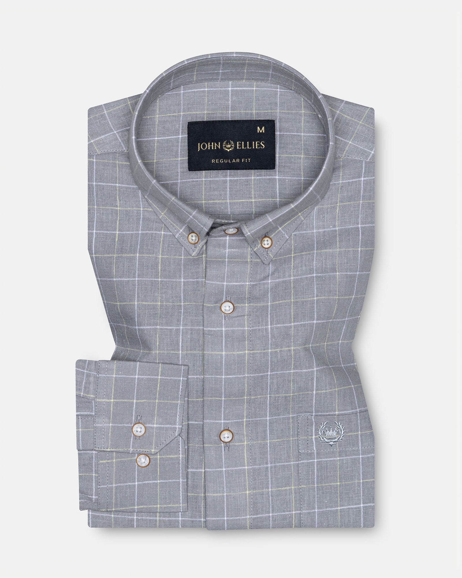 Maison Ash Grey Check Button Down Linen Shirt - John Ellies
