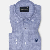 Isaac Navy Blue Check Button Down Linen Shirt - John Ellies