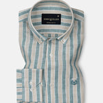 Qevan Green Stripe Button Down Linen Shirt - John Ellies