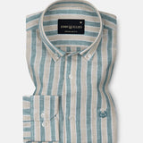 Qevan Green Stripe Button Down Linen Shirt - John Ellies