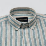 Qevan Green Stripe Button Down Linen Shirt - John Ellies