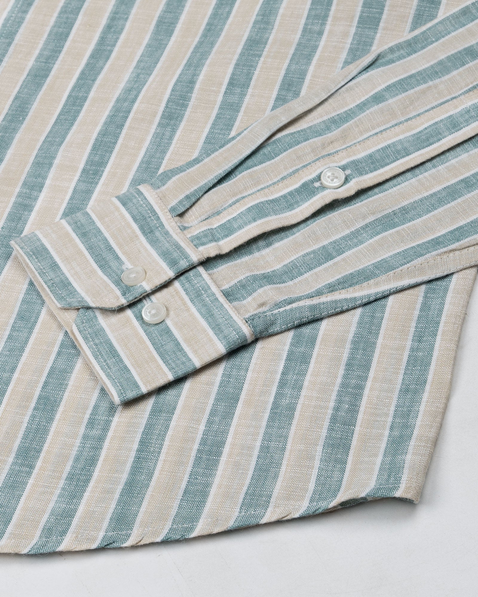 Qevan Green Stripe Button Down Linen Shirt - John Ellies