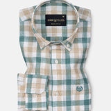 Qevan Beige And Green Check Button Down Linen Shirt - John Ellies