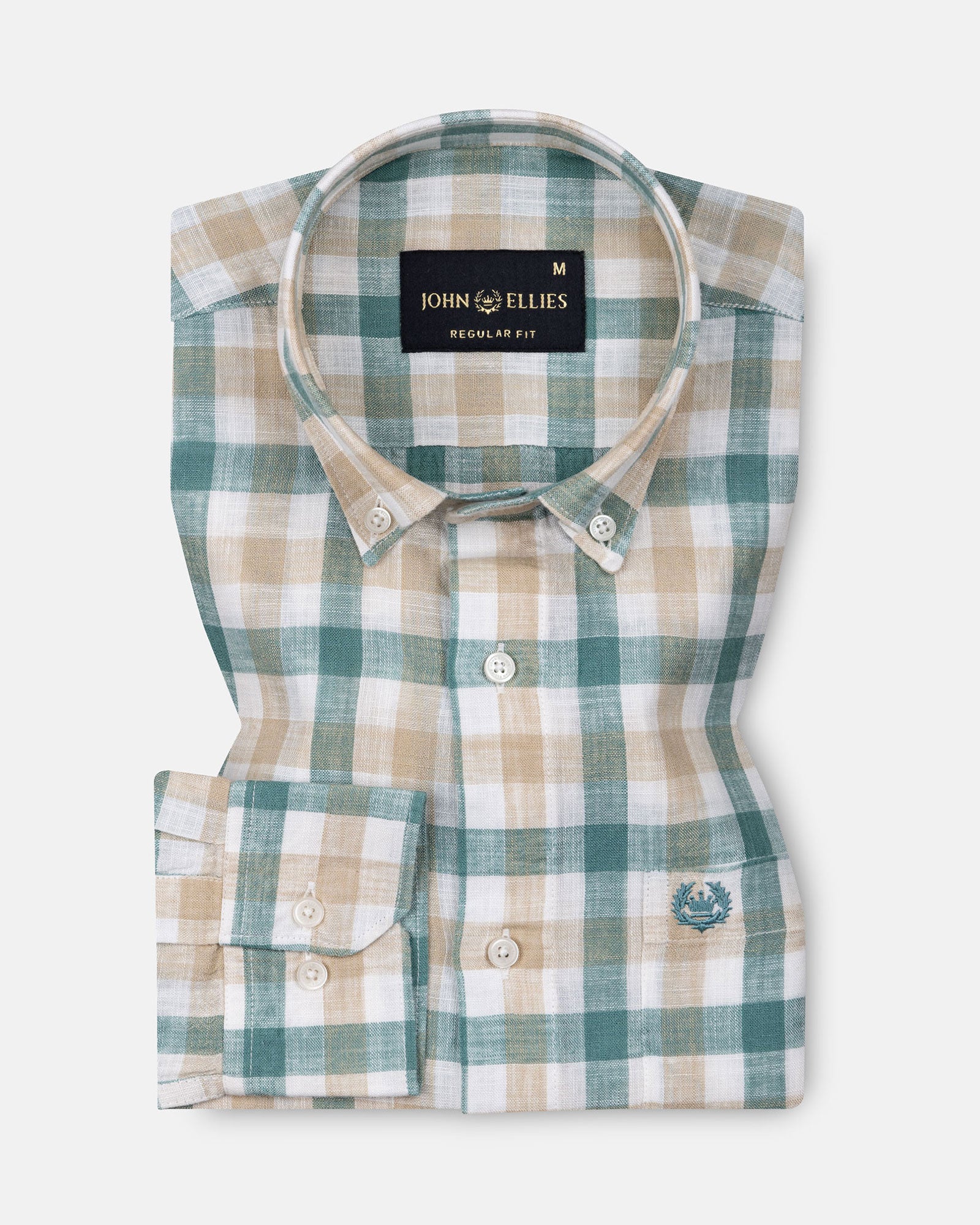 Qevan Beige And Green Check Button Down Linen Shirt - John Ellies