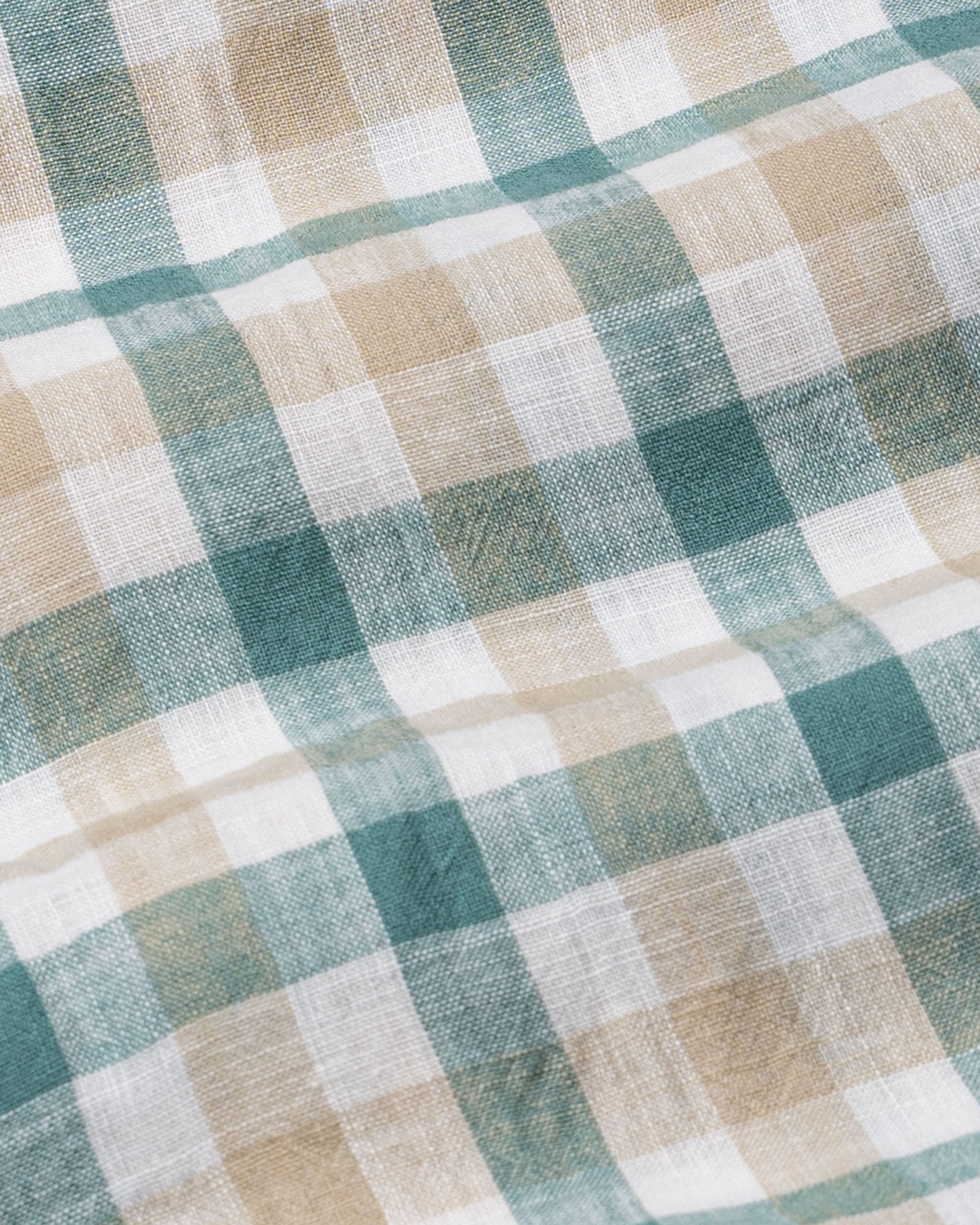 Qevan Beige And Green Check Button Down Linen Shirt - John Ellies