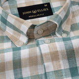 Qevan Beige And Green Check Button Down Linen Shirt - John Ellies